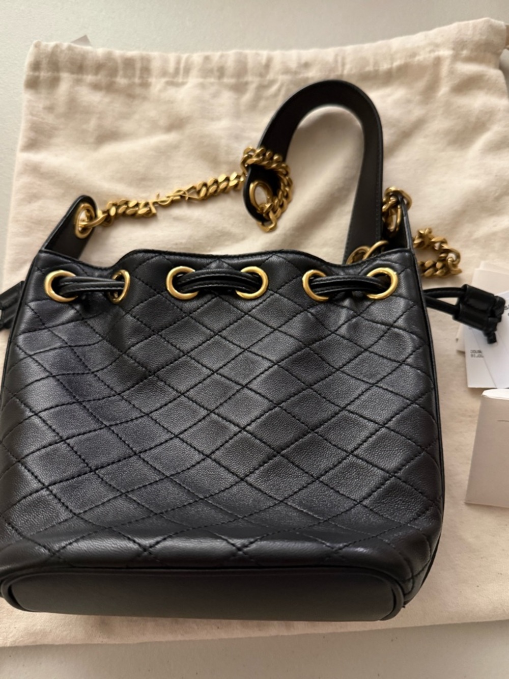 Saint Laurent Black Quilted Leather Drawstring Shoulder Bag with Gold Hardware - Picture 2 of 7